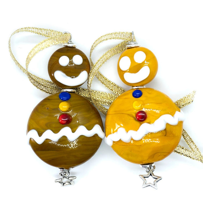 Load image into Gallery viewer, Lampwork Gingerbread Man Christmas Ornament 70mm x 35mm Ocre - Affordable Jewellery Supplies
