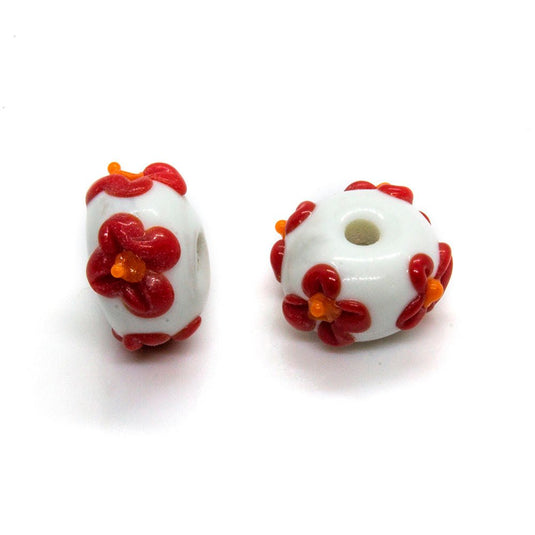 Glass Rondelle Applique Beads 14mm x 9mm White with red/orange flowers - Affordable Jewellery Supplies