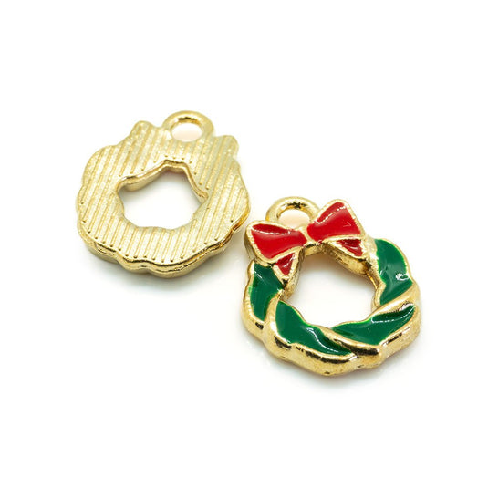 Enamel Christmas Wreath Charm 15mm x 11mm Green, Red & Gold - Affordable Jewellery Supplies