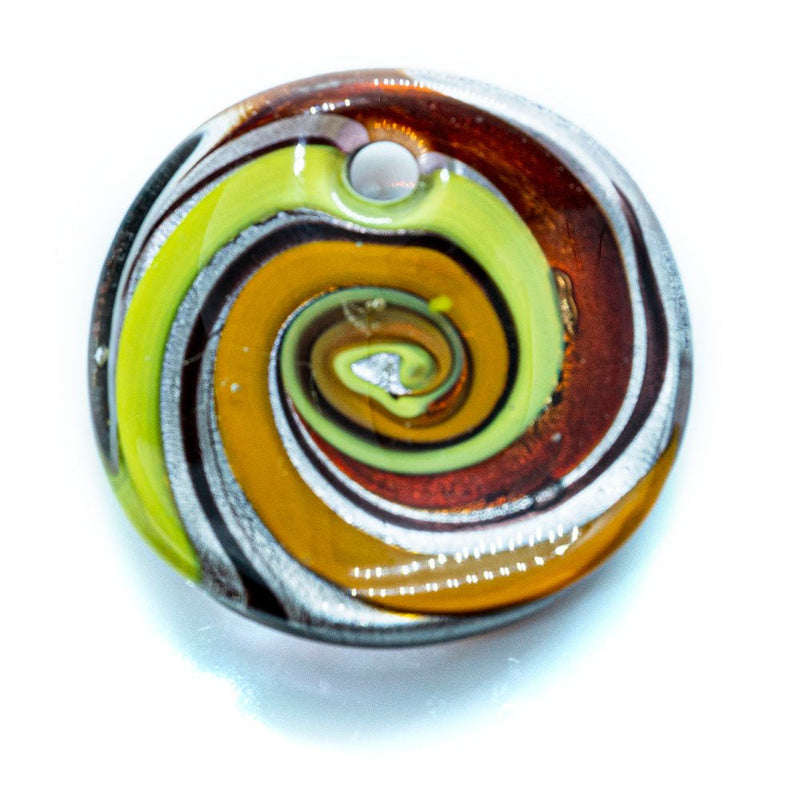 Load image into Gallery viewer, Murano Lampworked Oval Pendant with Swirls 42mm x 36mm Lime, Orange &amp; Brown - Affordable Jewellery Supplies
