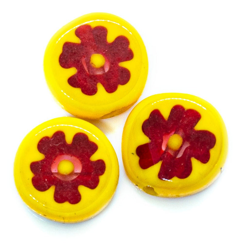 Load image into Gallery viewer, Millefiori Glass Coin Bead 10mm Yellow &amp; Red - Affordable Jewellery Supplies
