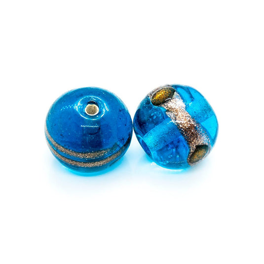 Indian Glass Lampwork Round Bead with Gold Lines 12mm Aqua - Affordable Jewellery Supplies