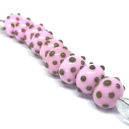 GlaesDesign Handmade Lampwork Beads with Dots 16mm x 11mm Pink & Grey - Affordable Jewellery Supplies