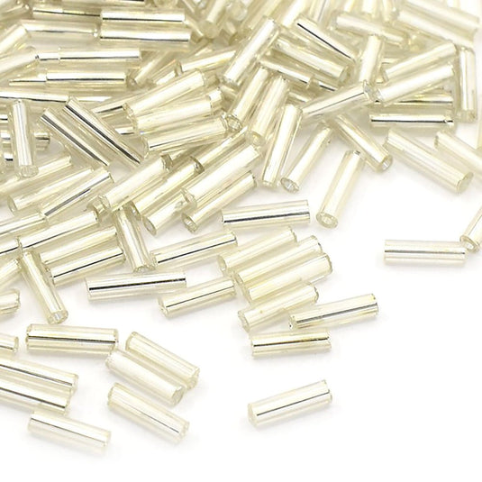 Silver Lined Glass Bugle Bead 6mm x 1.8mm Floral White - Affordable Jewellery Supplies