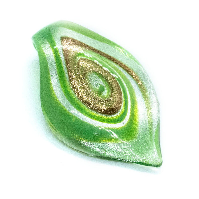 Load image into Gallery viewer, Murano Lampwork Pendant - Tongue Swirl 64mm x 36mm Green and Gold - Affordable Jewellery Supplies
