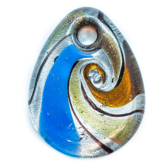 Murano Glass Teardrop 41mm x 33mm x 6mm Blue/Gold - Affordable Jewellery Supplies