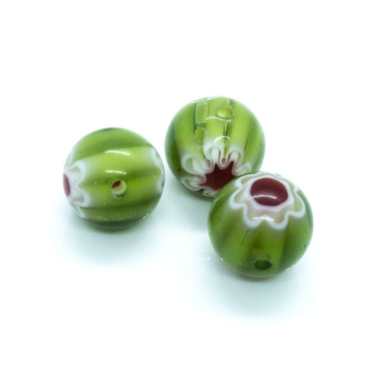 Millefiori Glass Round Bead 10mm Green white & red - Affordable Jewellery Supplies
