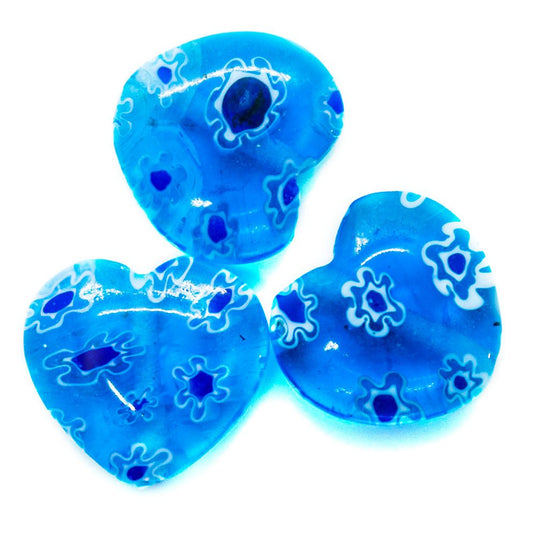Millefiori Glass Heart Bead 12mm x 12mm x 4mm Aqua & Blue - Affordable Jewellery Supplies