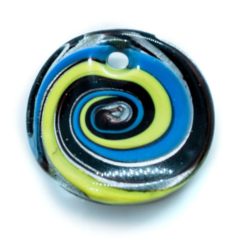 Load image into Gallery viewer, Murano Lampworked Oval Pendant with Swirls 42mm x 36mm Lime, Blue &amp; Black - Affordable Jewellery Supplies
