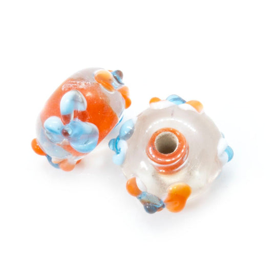Glass Rondelle Applique Beads 14mm x 9mm Orange Centre with Blue Flowers - Affordable Jewellery Supplies
