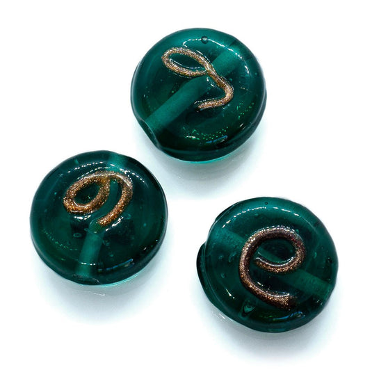 Lampwork Glass Coin with Gold Swirls 20mm x 7mm Green - Affordable Jewellery Supplies
