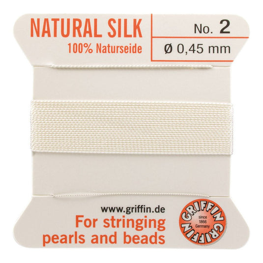 Griffin Natural Silk Thread with Needle Size 2 0.45mm x 2m White - Affordable Jewellery Supplies