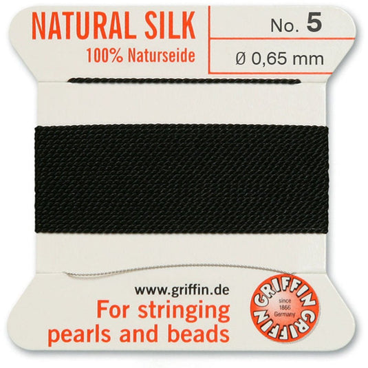 Griffin Natural Silk Thread with Needle Size 5 0.65mm x 2m Black - Affordable Jewellery Supplies