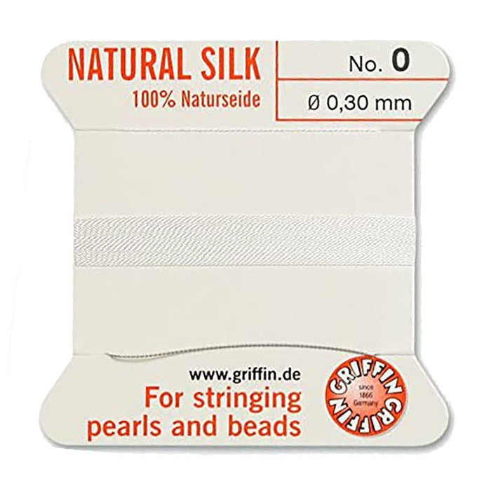 Griffin Natural Silk Thread with Needle Size 0 0.30mm x 2m White - Affordable Jewellery Supplies