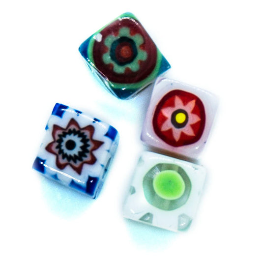 Millefiori Glass Cube 4mm x 4mm x 4mm Green, Blue & Red - Affordable Jewellery Supplies