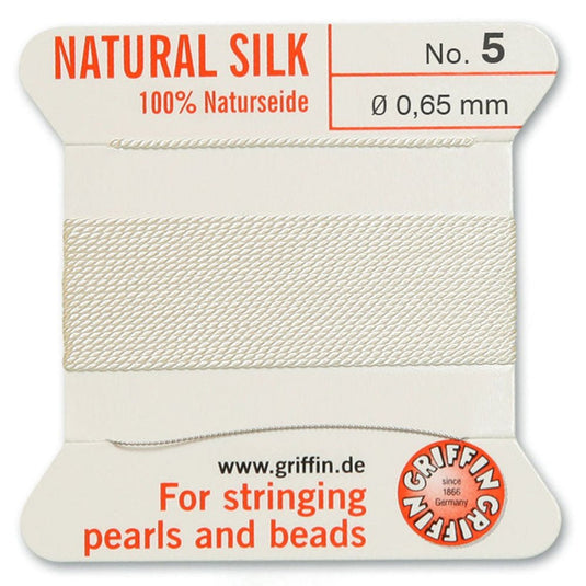 Griffin Natural Silk Thread with Needle Size 5 0.65mm x 2m White - Affordable Jewellery Supplies