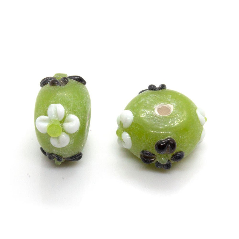 Load image into Gallery viewer, Glass Rondelle Applique Beads 14mm x 9mm Opaque green with brown/white flowers - Affordable Jewellery Supplies
