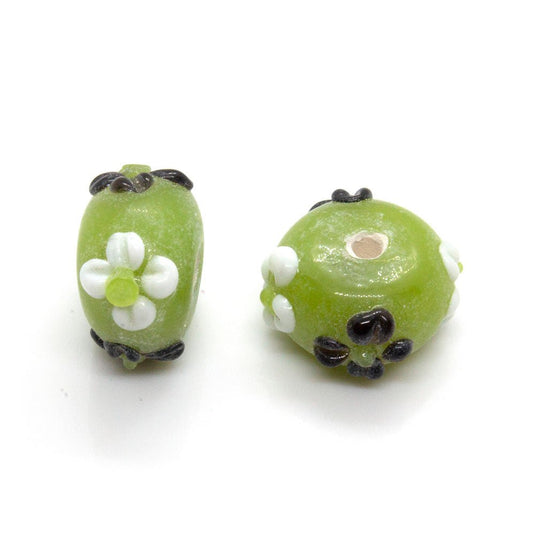 Glass Rondelle Applique Beads 14mm x 9mm Opaque green with brown/white flowers - Affordable Jewellery Supplies