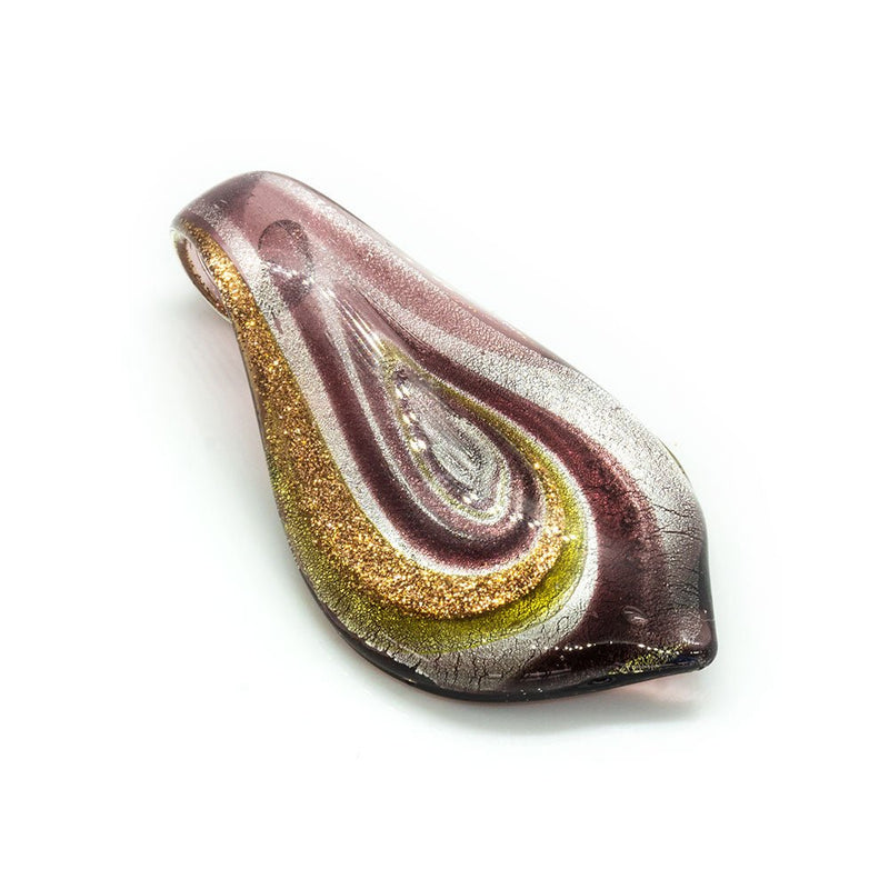 Load image into Gallery viewer, Murano Lampwork Pendant - Tongue Swirl 64mm x 36mm Purple/Gold - Affordable Jewellery Supplies

