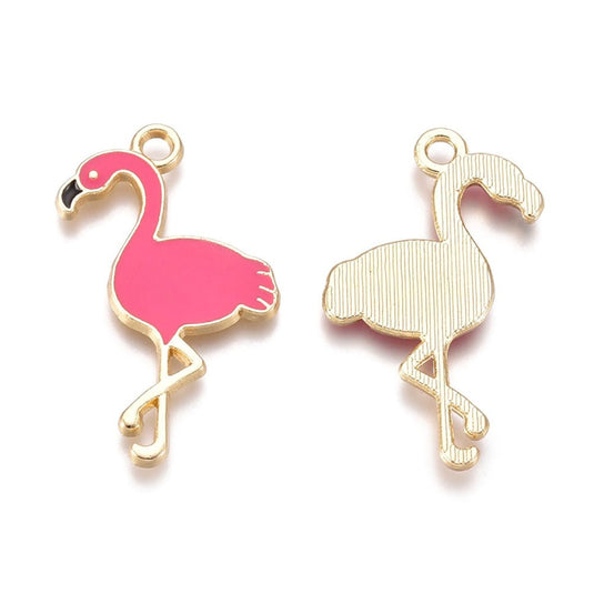 Enamel Flamingo Pendant 28.5mm x 18mm x 1mm Hot Pink & Gold - Affordable Jewellery Supplies