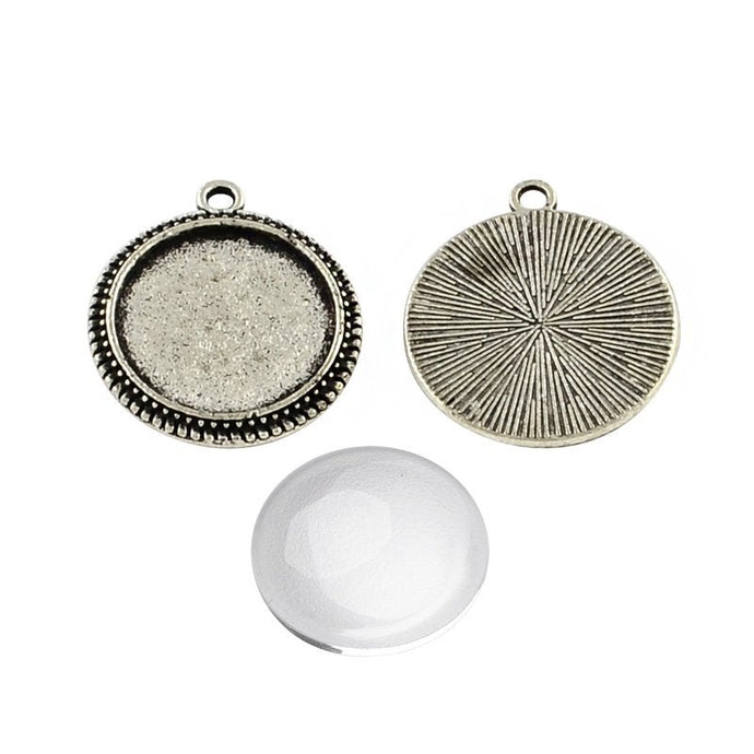 Tibetan Style Round Pendant Setting with Glass Dome 23mm x 20.3mm x 2mm Antique Silver - Affordable Jewellery Supplies