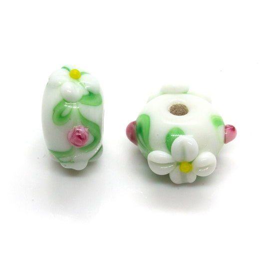 Glass Rondelle Applique Beads 14mm x 9mm White with green, pink/yellow flowers - Affordable Jewellery Supplies
