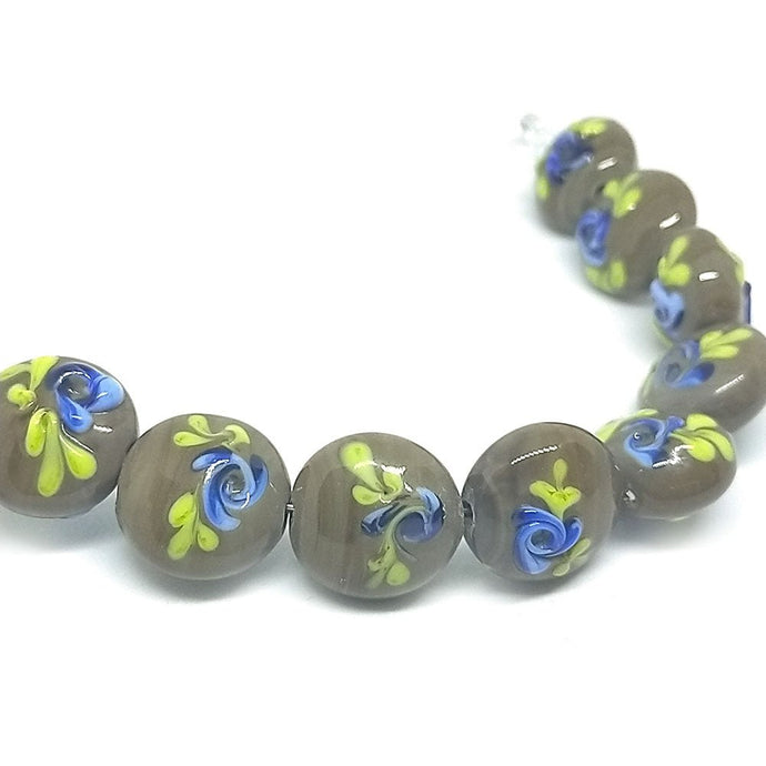 GlaesDesign Handmade Lampwork Beads with Flowers 18mm x 18mm x 14mm Grey, Blue & Green - Affordable Jewellery Supplies