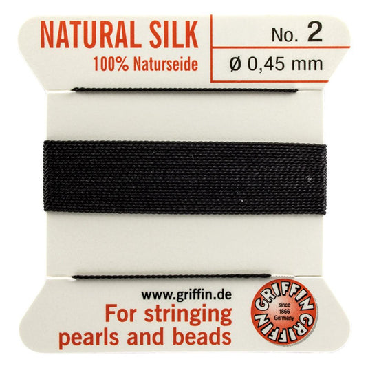 Griffin Natural Silk Thread with Needle Size 2 0.45mm x 2m Black - Affordable Jewellery Supplies