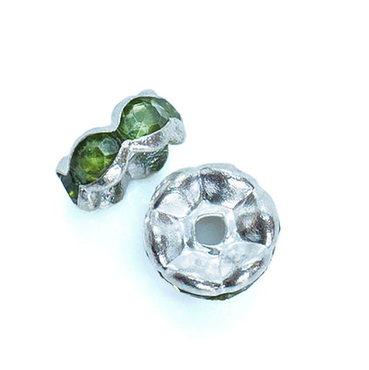 Rhinestone Rondelle Beads Round 8mm Olivine on Silver - Affordable Jewellery Supplies