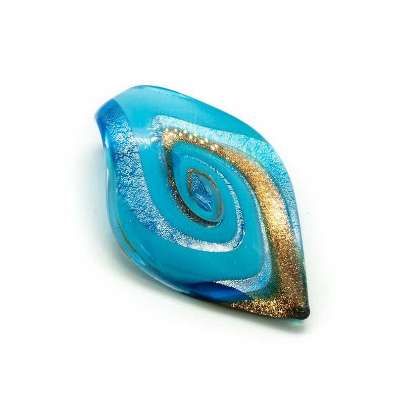 Load image into Gallery viewer, Murano Lampwork Pendant - Tongue Swirl 64mm x 36mm Aqua/Gold - Affordable Jewellery Supplies
