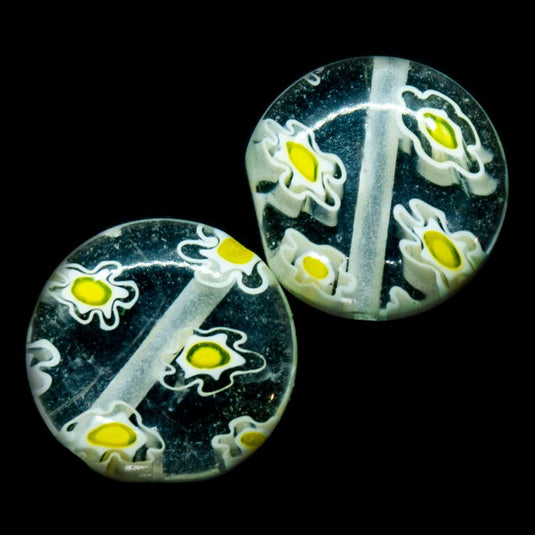 Millefiori Glass Coin Bead with Flower 10mm x 4mm Clear & Yellow - Affordable Jewellery Supplies