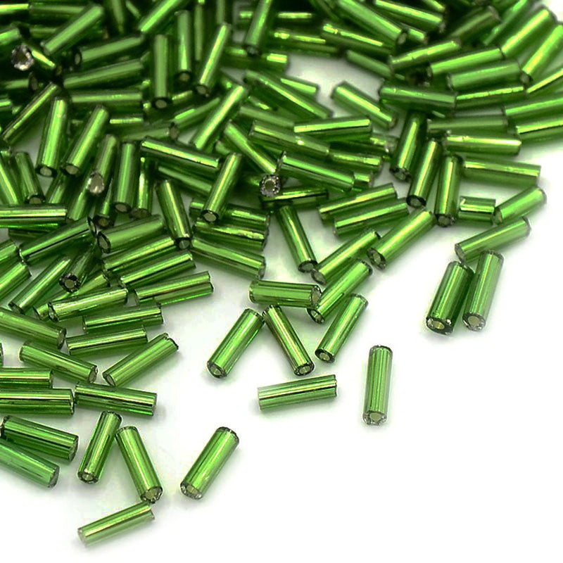 Load image into Gallery viewer, Silver Lined Glass Bugle Bead 6mm x 1.8mm Dark Green - Affordable Jewellery Supplies
