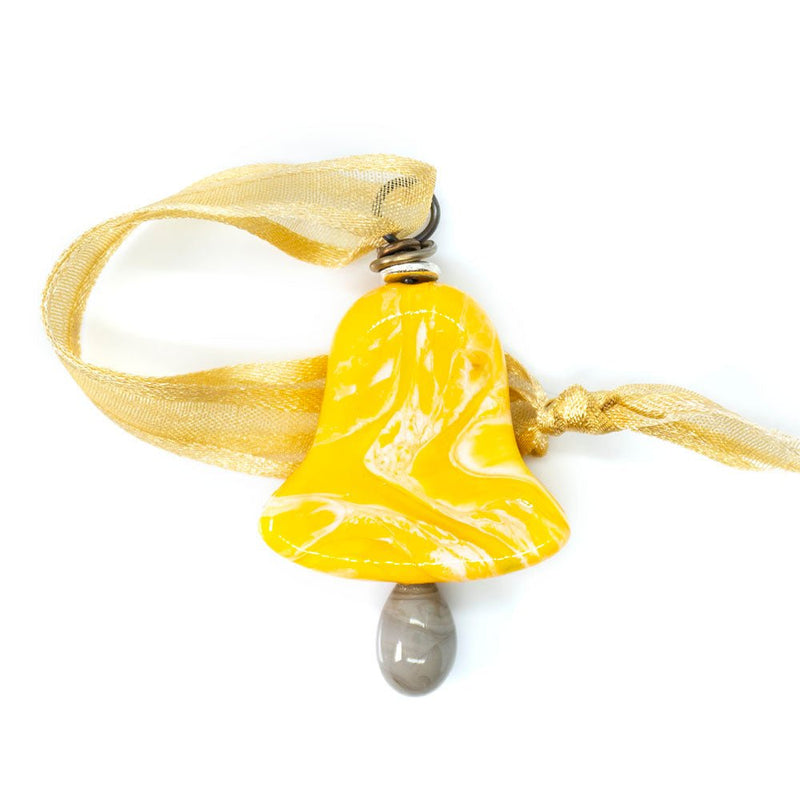 Load image into Gallery viewer, Lampwork Christmas Bell Ornament 52mm x 32mm Yellow - Affordable Jewellery Supplies
