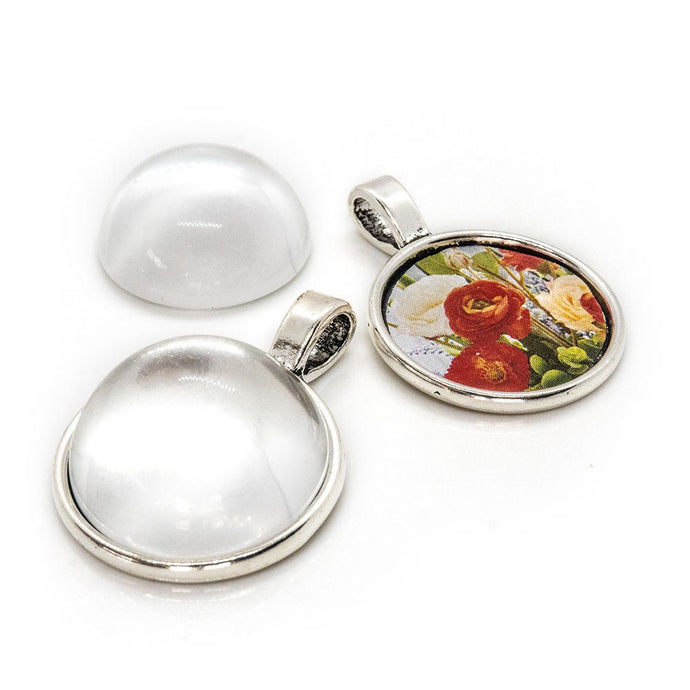 Pendant Cabochon Settings with Clear Glass Half Round 32mm x 23mm x 2mm Antique Silver - Affordable Jewellery Supplies